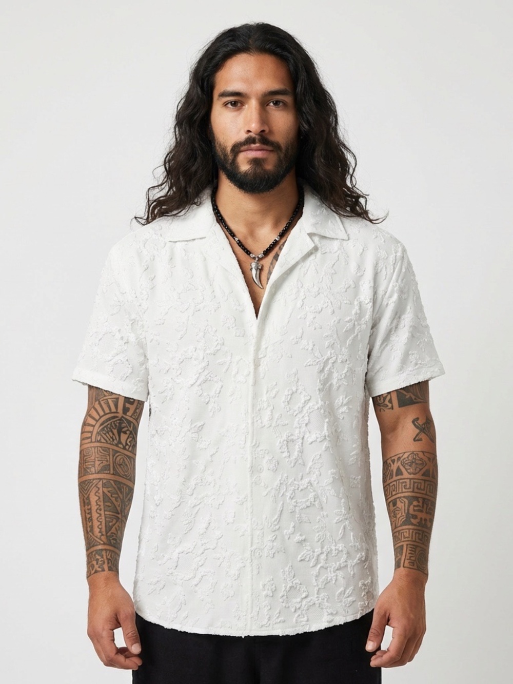 Men's White Jacquard Camp Collar Shirt - Medium